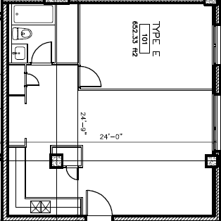 Floor plan for 1 bed, 1 bath, 652 sqft